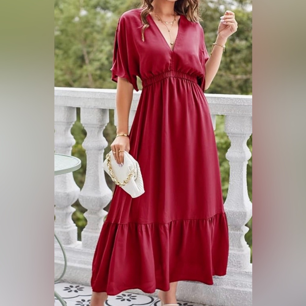 V-Neck Maxi Dress - Burgundy Red - Bump Friendly